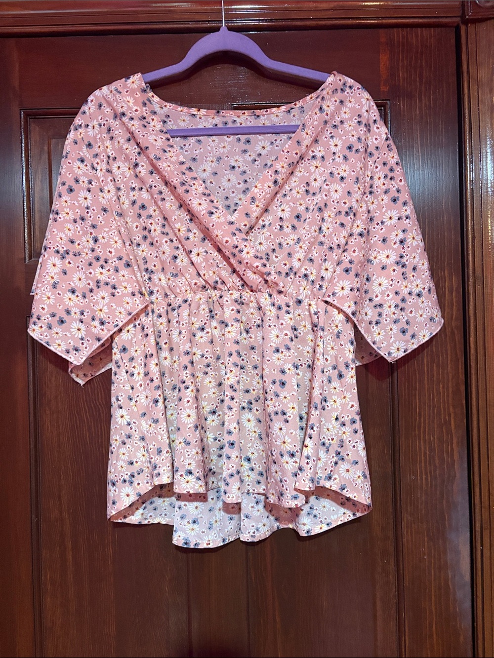 SHEIN Pink Floral Wrap Peplum Blouse